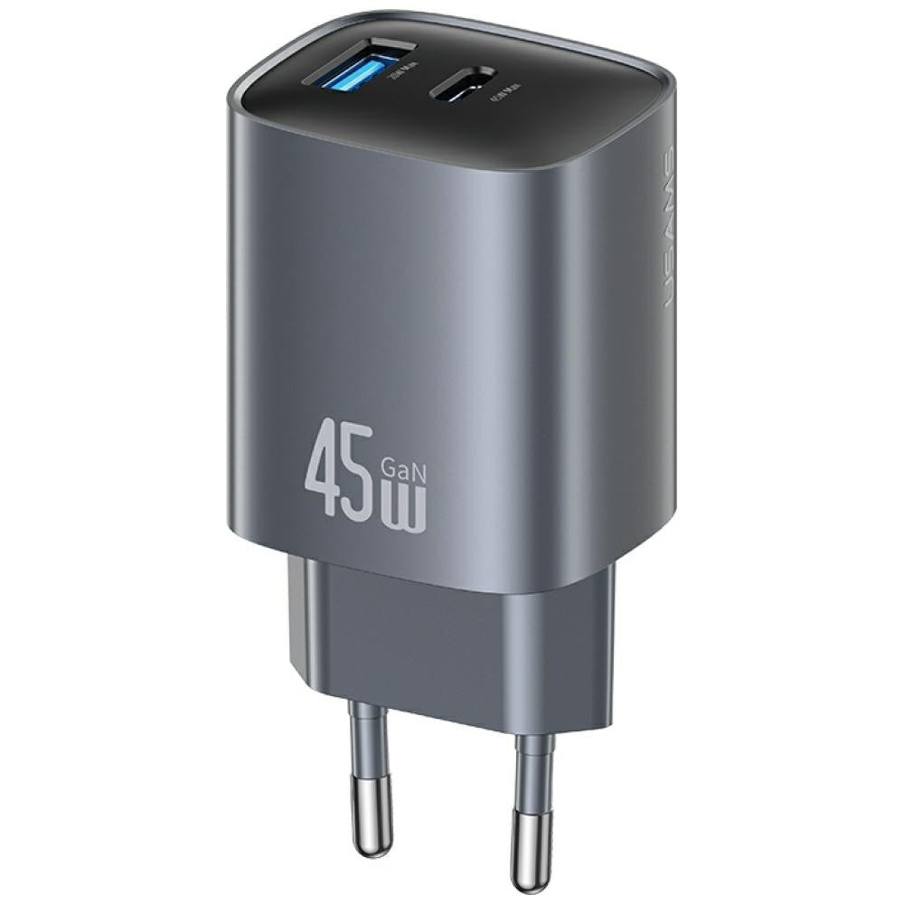 Încărcător de perete cu încărcare rapidă T66 45W CC290 GaN 1xUSB-A 1xUSB-C argintiu