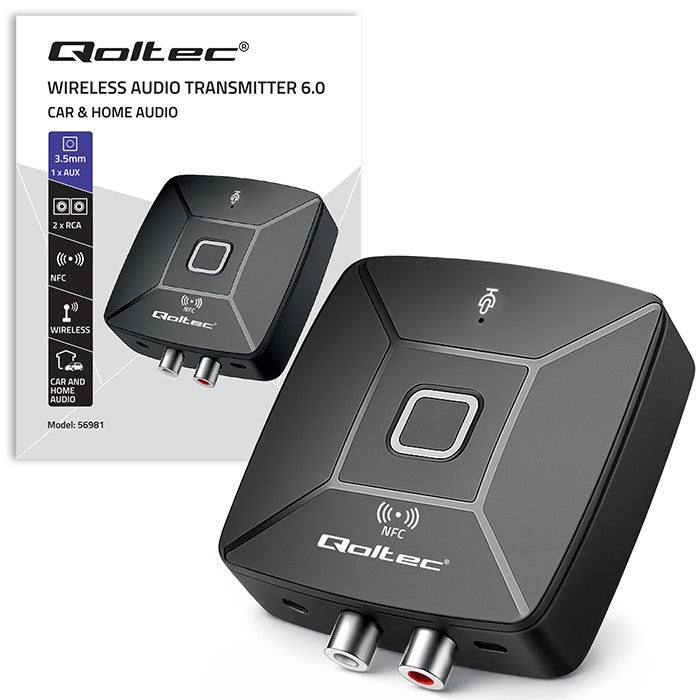 Transmițător-receptor audio HiFi wireless pentru casă și mașină | Bluetooth 6.0 | NFC | 2 x RCA | 1 x AUX MiniJack 3.5mm | Microfon