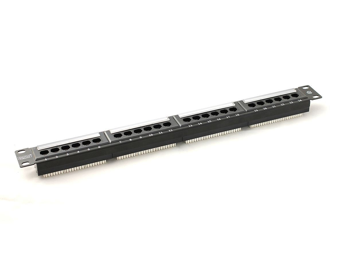 Patch panel 19" 24 porturi, cat.5e, U/UTP, 1U, negru (complet)
