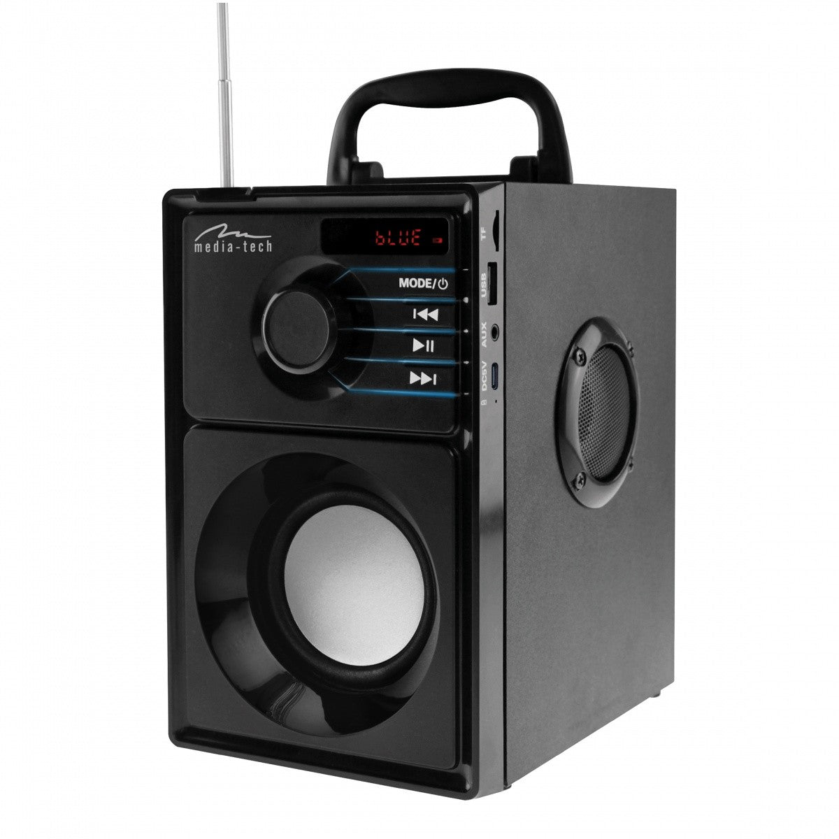 Boxă portabilă BOOMBOX SILVER MT3179 Bluetooth 5.1+EDR/FM/MP3/MicroSD/USB/AUS/Pilot/USB-C/LED/RMS 15W/PMPO 600W
