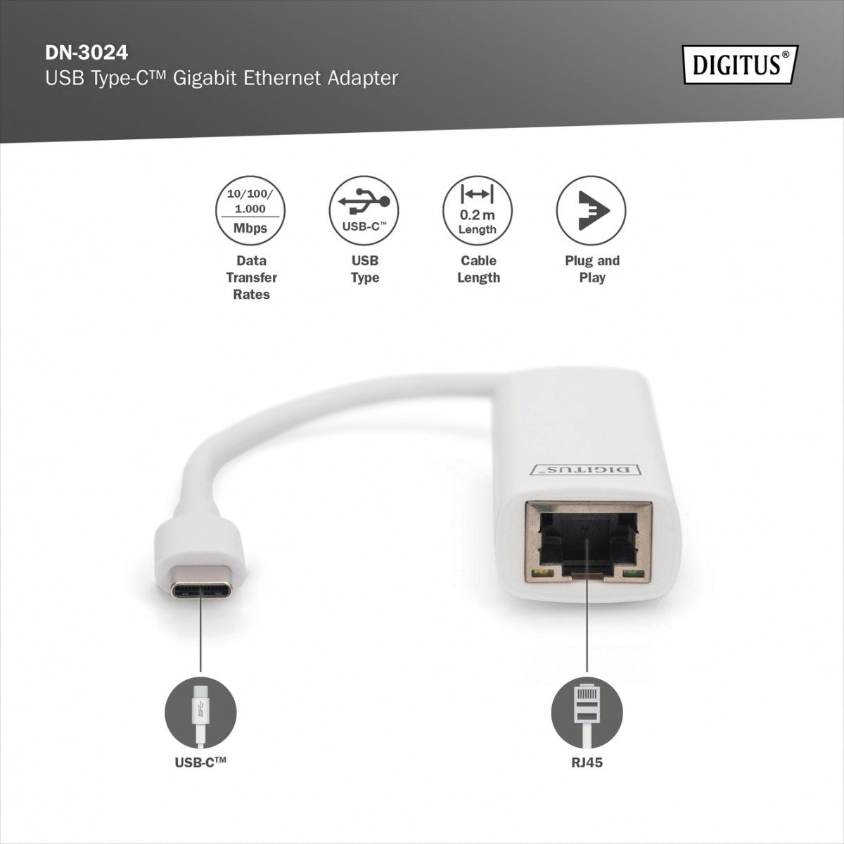 Adaptor de rețea cu fir USB 3.0 tip C la Gigabit Ethernet 10/100/1000 Mbps