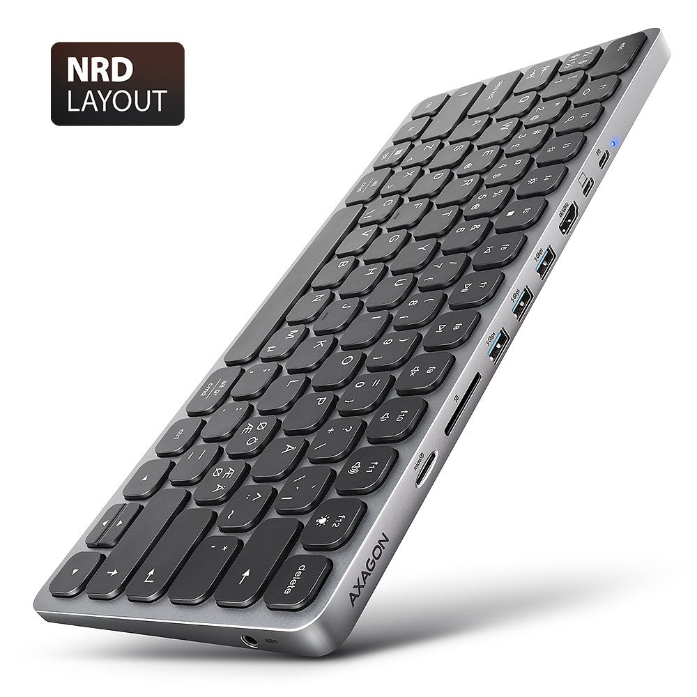 Claviatură HMC-KB-NRD USB-C 5Gbps cu hub portabil 9 în 1, SD/microSD, 3x USB-A, HDMI 4K/60Hz, PD 100W, Audio, Design nordic, Cablu USB-C 60cm