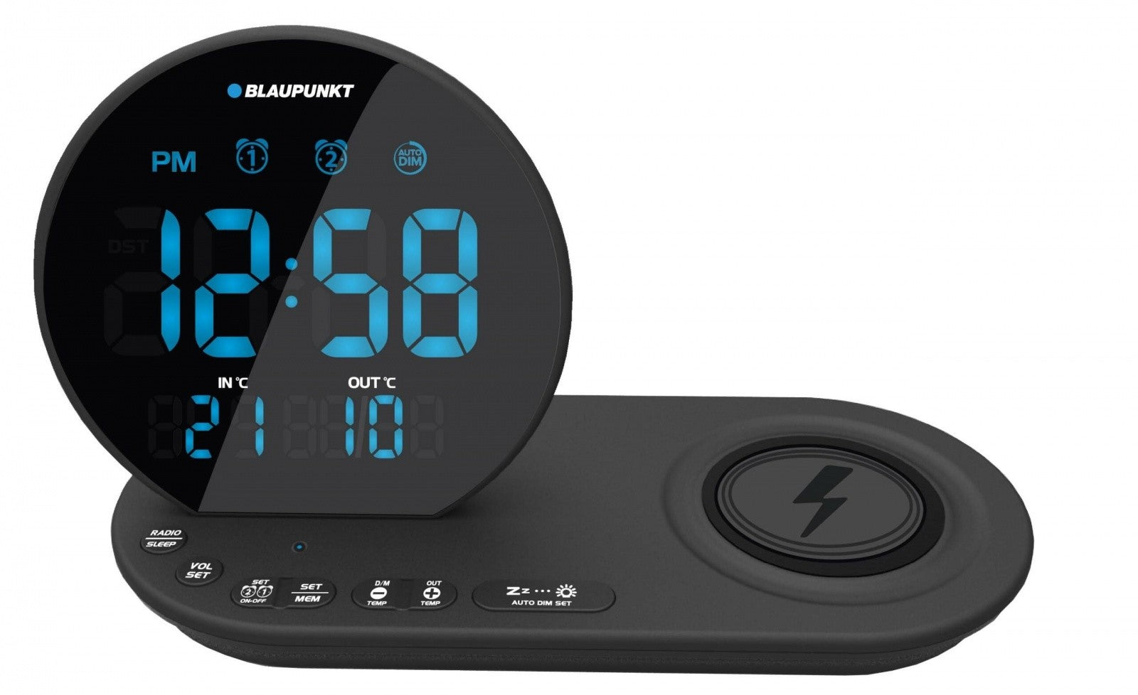 Radio cu ceas FM PLL/Alarmă/USB/ÎNCĂRCARE CR85BK/Încărcare wireless/Temperatură interioară/exterioară/Negru