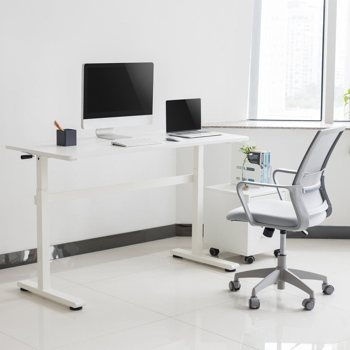 Birou Ergo ER-401W cu reglare manuală a înălțimii, alb