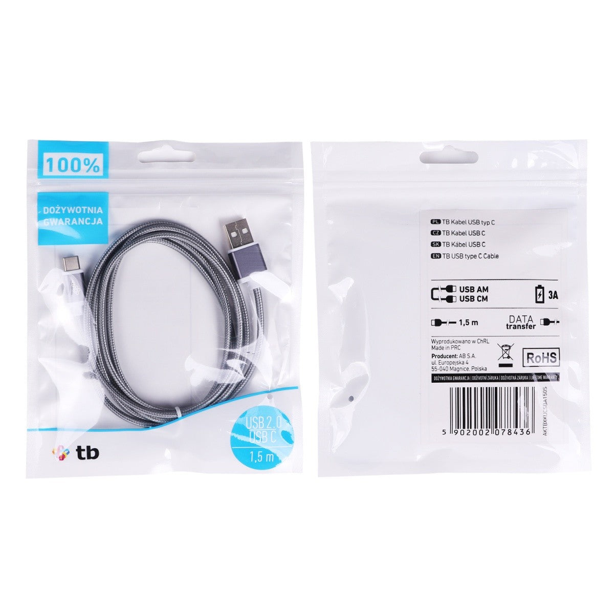 Cablu USB-USB C 1,5 m șir gri