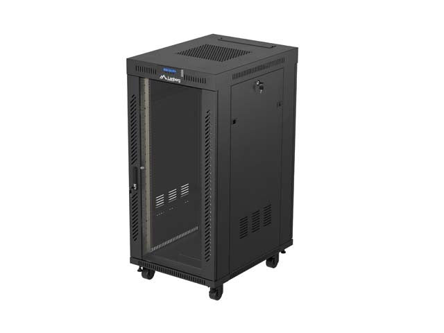 Dulap rack negru de podea 19" 24U 600x800 cu LCD cu ușă de sticlă (Pachet complet) V2