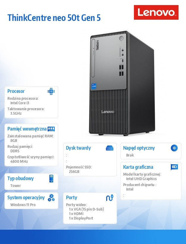 Desktop ThinkCentre Neo 50t Tower G5 12UD0031PB W11Pro i3-14100/8GB/256GB/INT/1YR Sistem de operare
