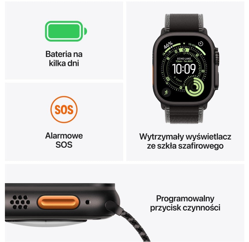 Carcasă neagră din titan Watch Ultra 3 GPS + Cellular 49 mm, curea Trail neagră/cărbune - mărimea S/M