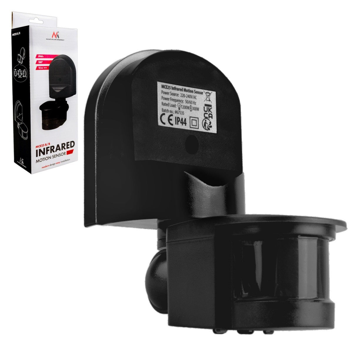 Senzor de mișcare și crepuscul MCE25 B/B 180 grade, max 1200W, cu capac negru, 5-12m