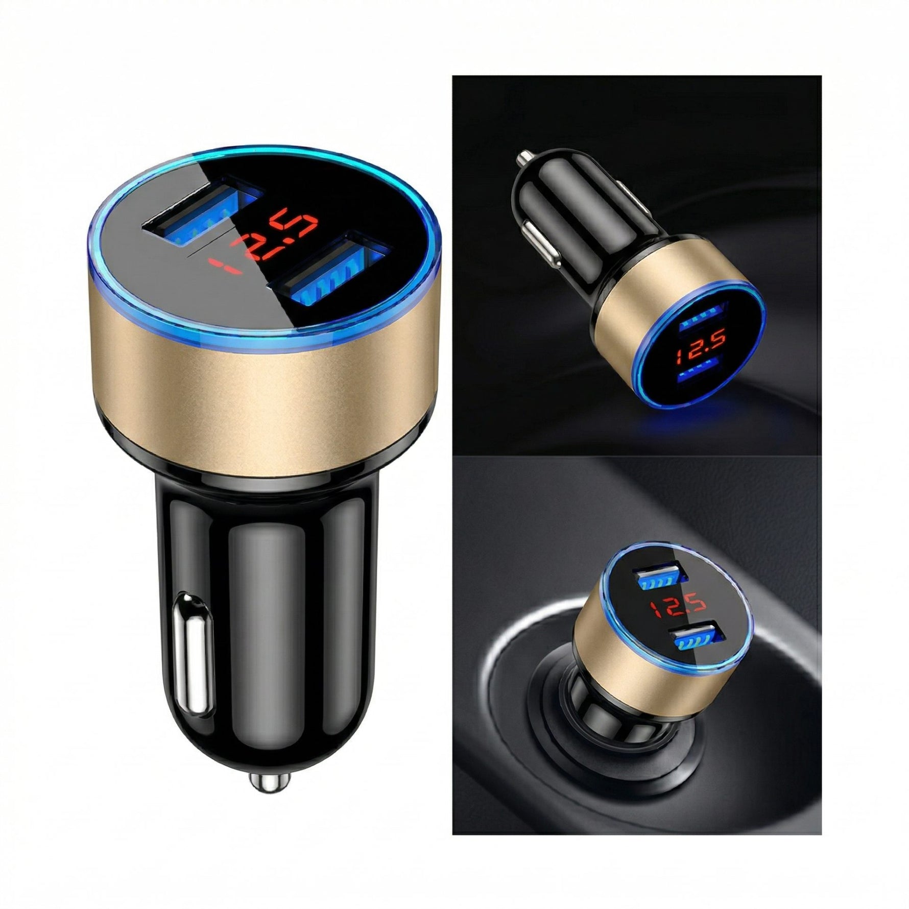 Incarcator Auto cu Afisaj Digital, Flippy, din Metal, 3.1A, Incarcare Rapida 6A PD+QC3.0, Dublu USB, Negru/Auriu