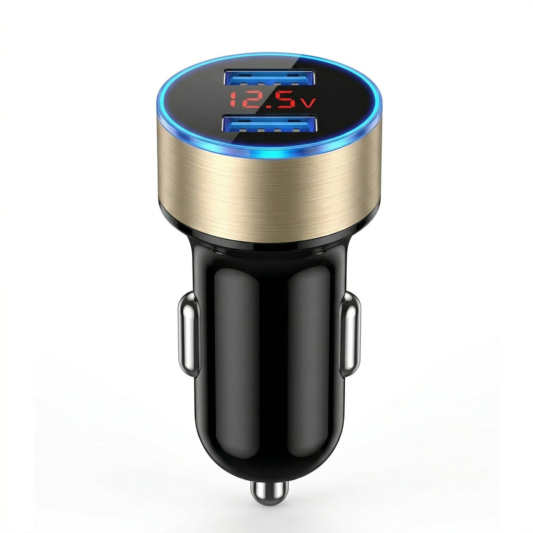Incarcator Auto cu Afisaj Digital, Flippy, din Metal, 3.1A, Incarcare Rapida 6A PD+QC3.0, Dublu USB, Negru/Auriu