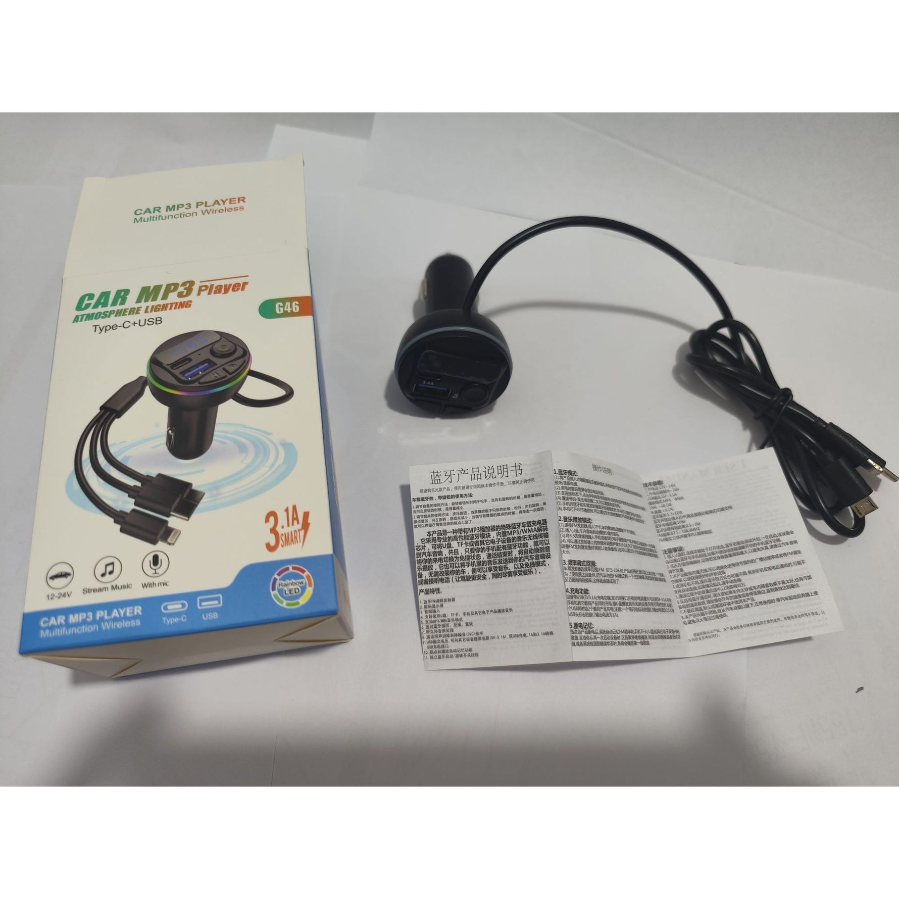 Incarcator Auto cu MP3 Player, Flippy, Port USB Fast Charge QC3.0 si Type C, PD 20W, Bluetooth, 3 Mufe de Incarcare,