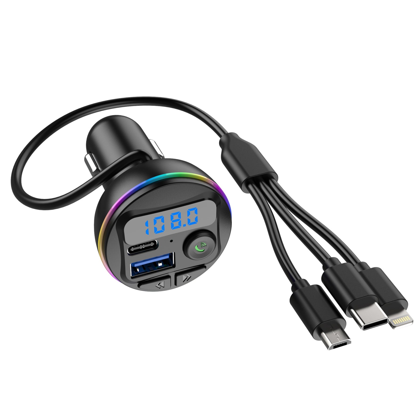 Incarcator Auto cu MP3 Player, Flippy, Port USB Fast Charge QC3.0 si Type C, PD 20W, Bluetooth, 3 Mufe de Incarcare,