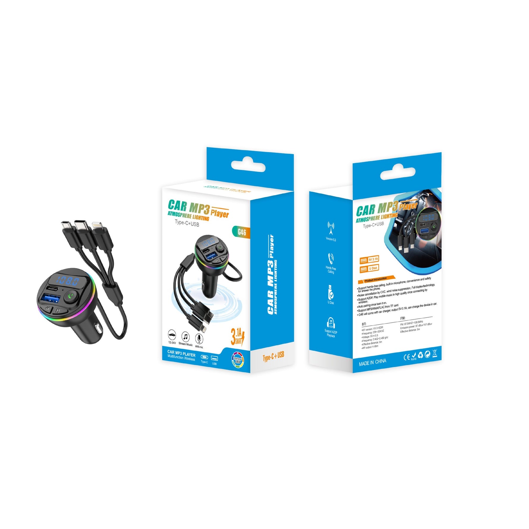 Incarcator Auto cu MP3 Player, Flippy, Port USB Fast Charge QC3.0 si Type C, PD 20W, Bluetooth, 3 Mufe de Incarcare,
