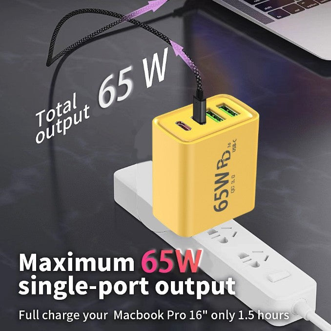 Incarcator Fast Charge pentru Telefon 65W, Flippy, Incarcator Quick Charge cu 2 Porturi USB-A 3.1A & 2 Porturi USB-C,