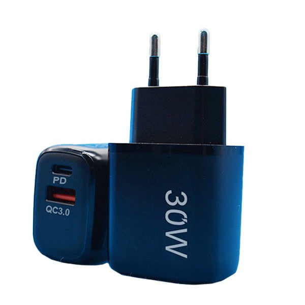 Incarcator Fast Charging pentru Telefon, Flippy, Dual Port USB-A si USB-C cu Cap de Incarcare Standard European, 30W