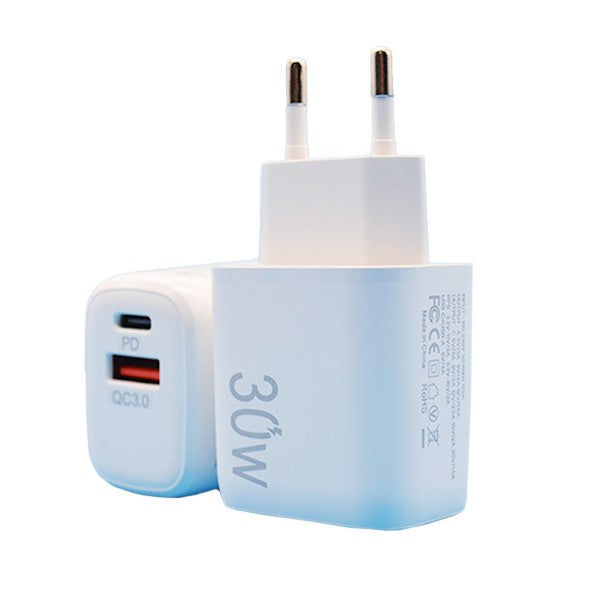 Incarcator Fast Charging pentru Telefon, Flippy, Dual Port USB-A si USB-C cu Cap de Incarcare Standard European, 30W