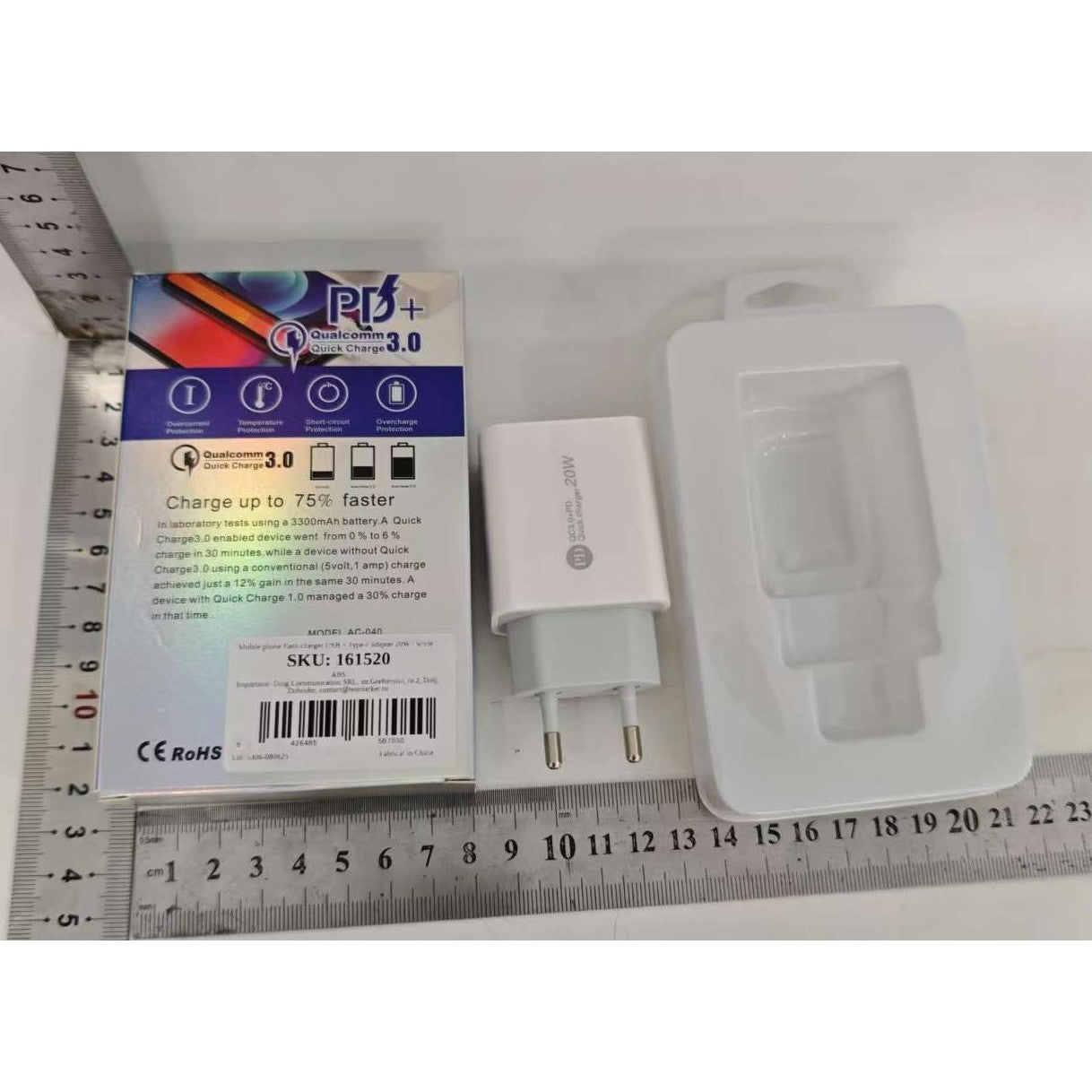 Incarcator Rapid PD QC3.0, Flippy, 2 Porturi, USB + Type C, 20W, Incarcare Rapida, Protectie Supraincalzire, 9.5 x 5.3