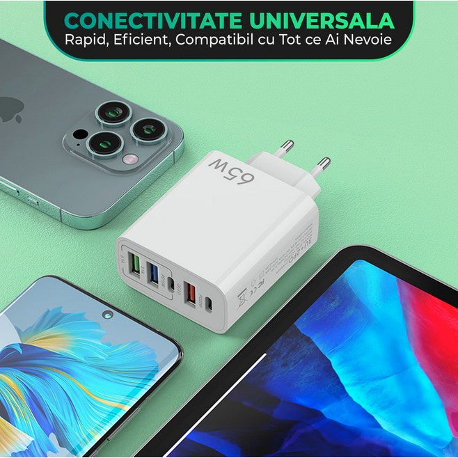 Incarcator Retea, Flippy, 5 Porturi, 65W Fast Charge, 3 x USB, 2 x Type-C, Universal Compatibil iPhone, Huawei,