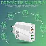 Incarcator Retea, Flippy, 5 Porturi, 65W Fast Charge, 3 x USB, 2 x Type-C, Universal Compatibil iPhone, Huawei,
