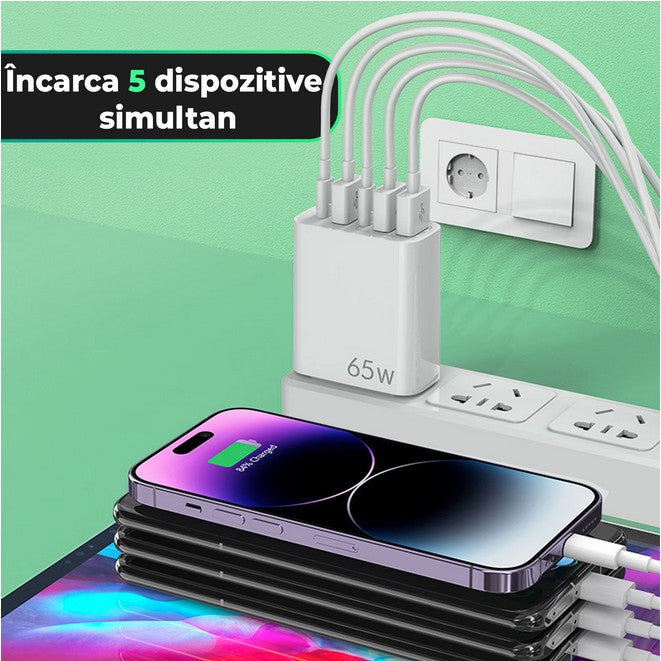 Incarcator Retea, Flippy, 5 Porturi, 65W Fast Charge, 3 x USB, 2 x Type-C, Universal Compatibil iPhone, Huawei,