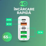 Incarcator Retea, Flippy, 5 Porturi, 65W Fast Charge, 3 x USB, 2 x Type-C, Universal Compatibil iPhone, Huawei,