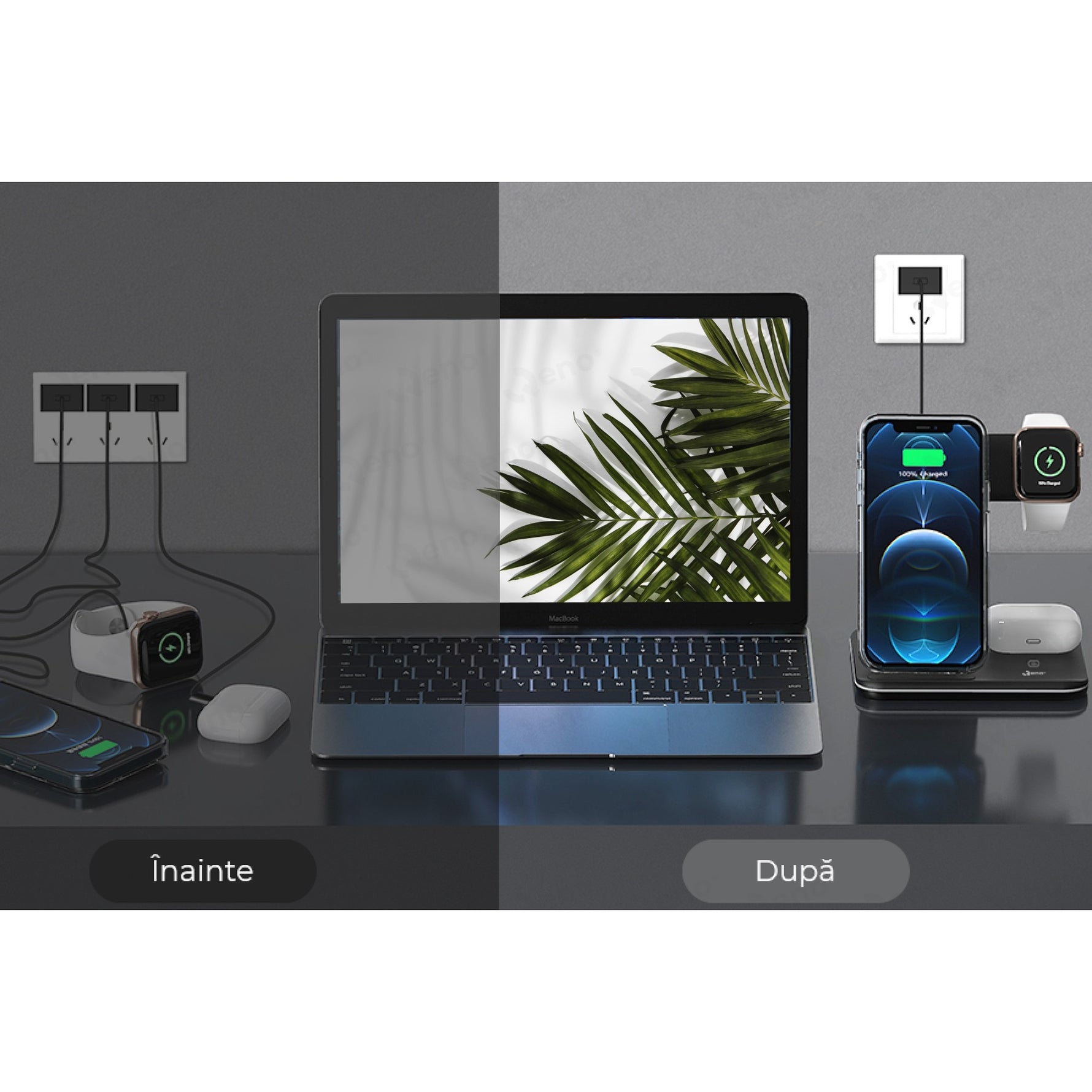 Incarcator Wireless Flippy, Statie Incarcare 3 In 1 Qi Fast Charger 15W, Incarcare Rapida, Compatibil Cu Apple Watch