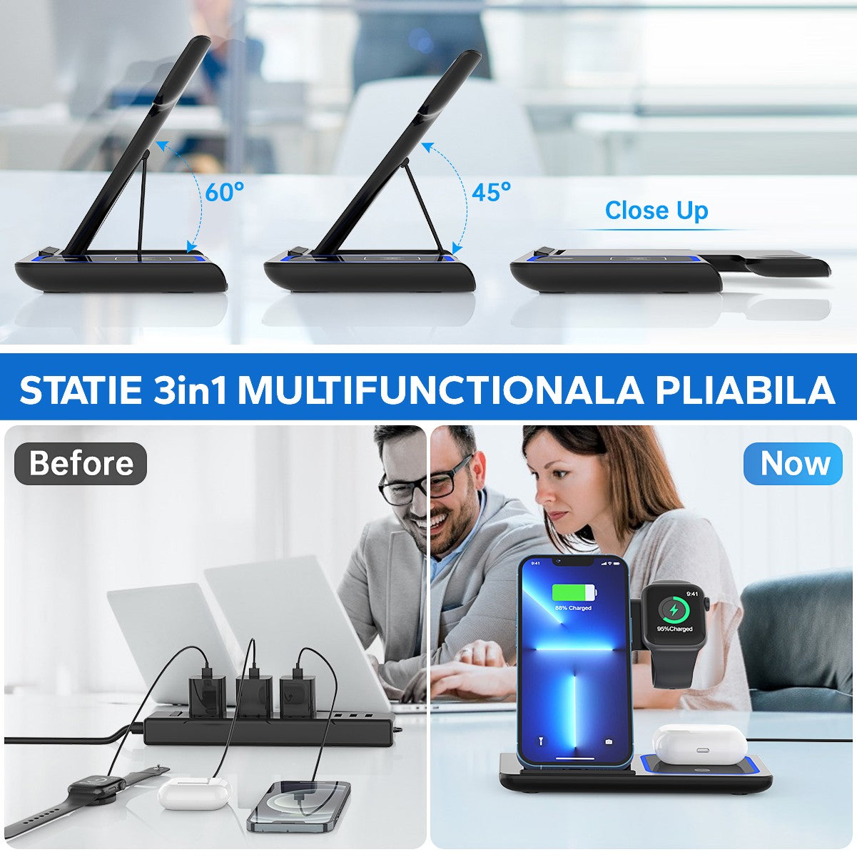 Incarcator Wireless Flippy, Statie Incarcare 3 In 1 Qi Fast Charger 15W, Incarcare Rapida, Compatibil Cu Apple Watch