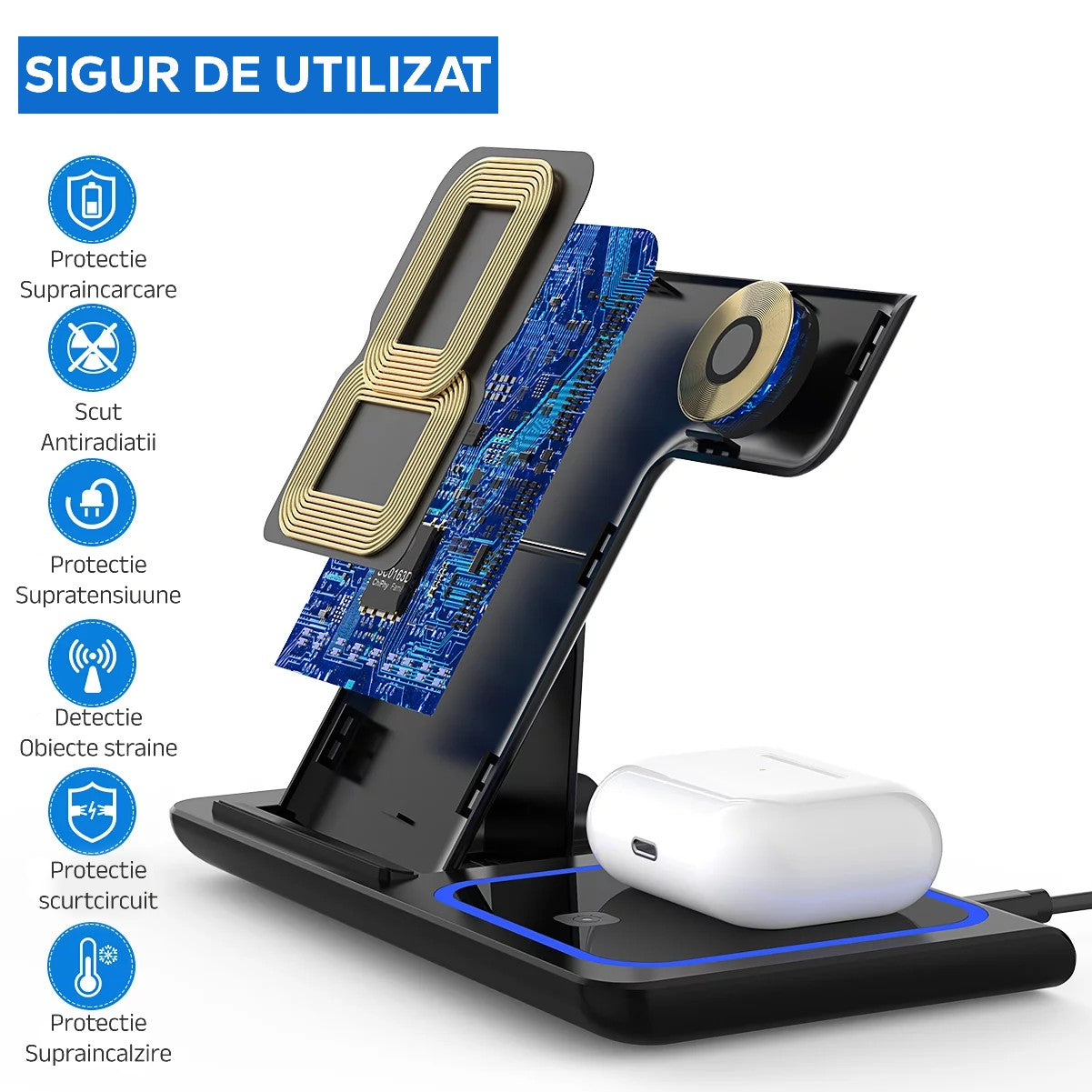 Incarcator Wireless Flippy, Statie Incarcare 3 In 1 Qi Fast Charger 15W, Incarcare Rapida, Compatibil Cu Apple Watch