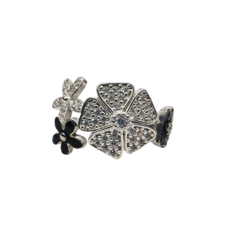 Inel pentru Dama Argint 925, Jolie, Model Trifoi cu Email Negru, 4.9 g, Marimea 57, Argintiu/Negru