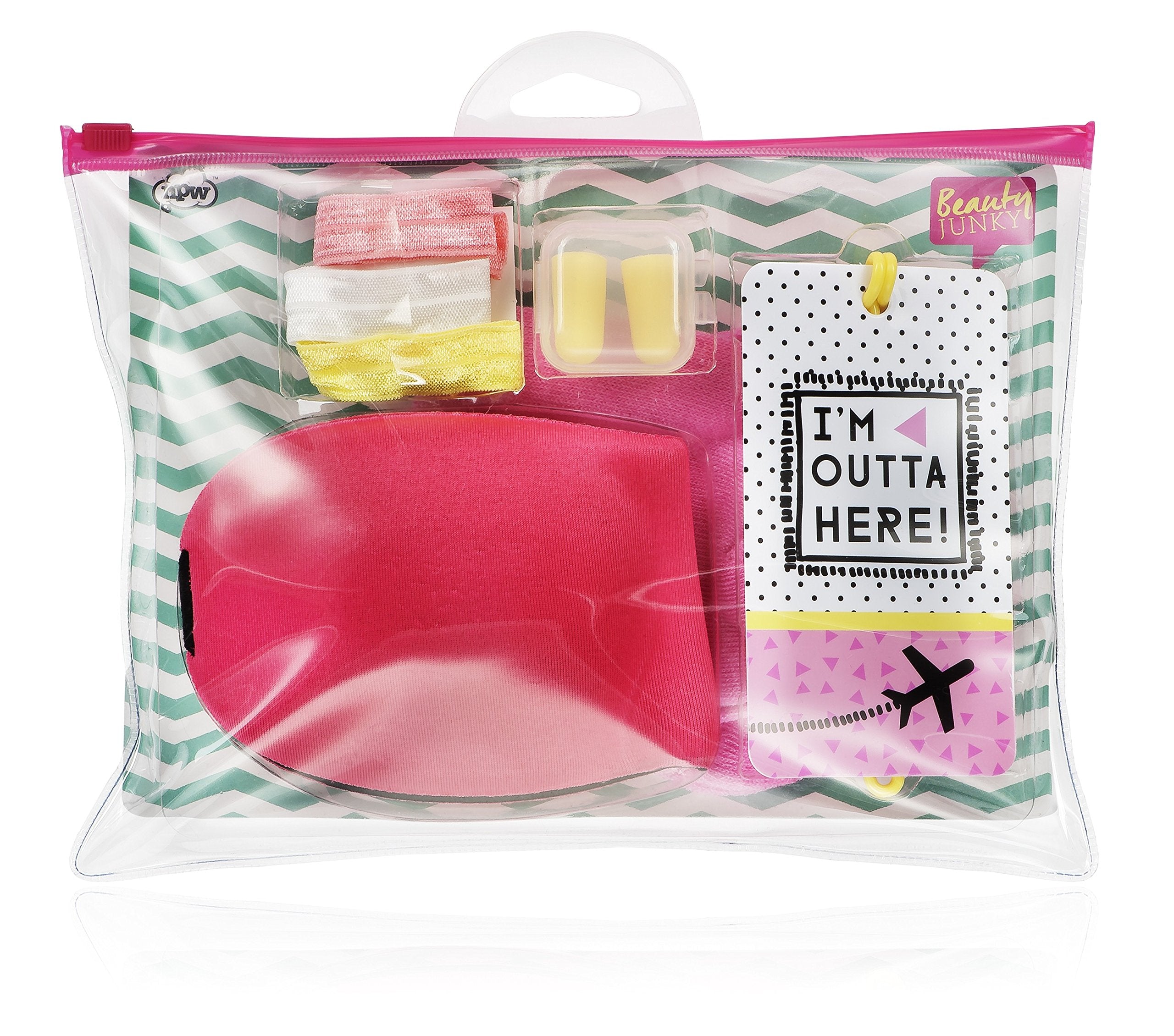 Inflight Essential Kit Set Beauty Junky: Beauty Junky, Hair Elastic, 3 pcs + Beauty Junky, Foam Earplugs + Beauty Junky, Luggage Tag, Metal Keyring + Beauty Junky, Textile Socks, For Women + Beauty Junky, Sleep Mask, Universal - Olmarkt