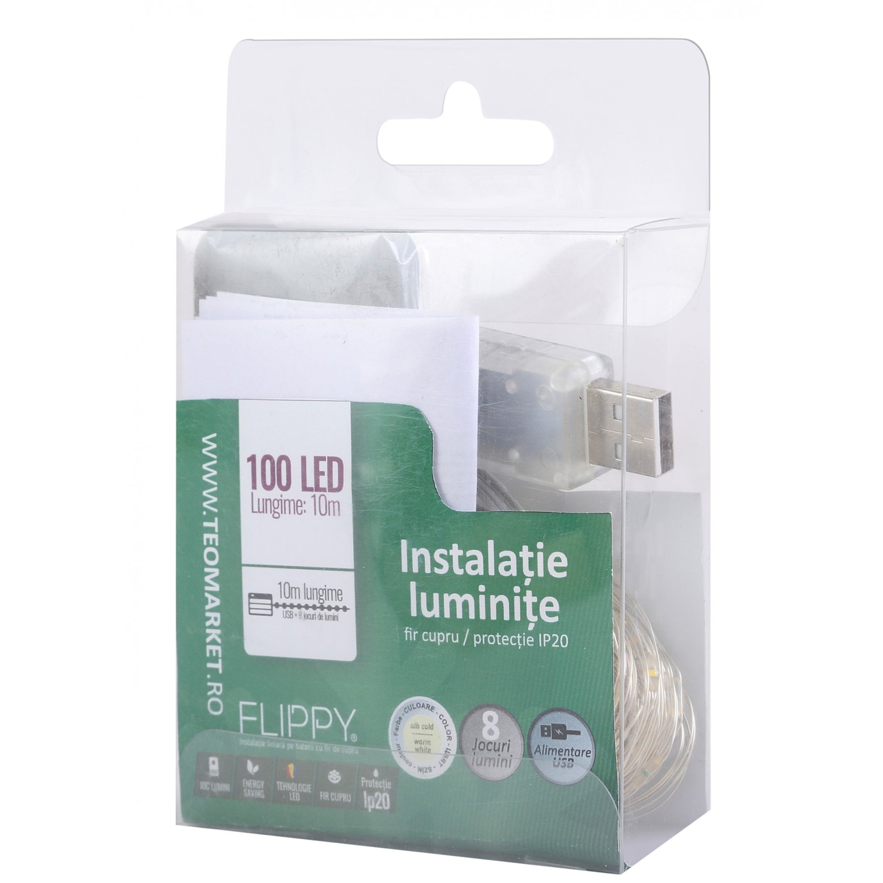 Instalatie Craciun, 10 metri, 100 LED-uri, alb cald, telecomanda 8 functii, USB, fir cupru, liniar, interior/exterior,
