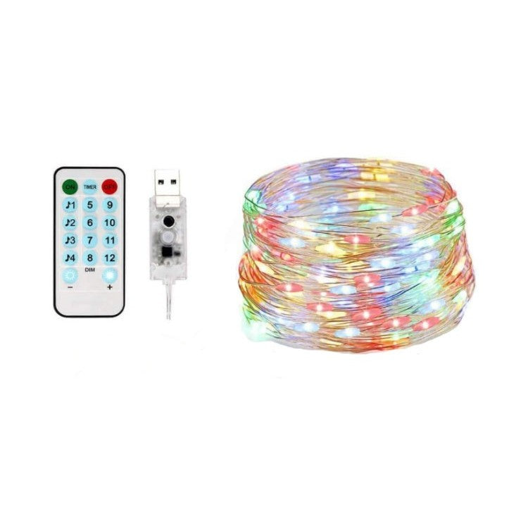 Instalatie Craciun, 10 metri, 100 LED-uri, multicolor RGB, sincronizare muzica, telecomanda 12 de functii, USB, fir