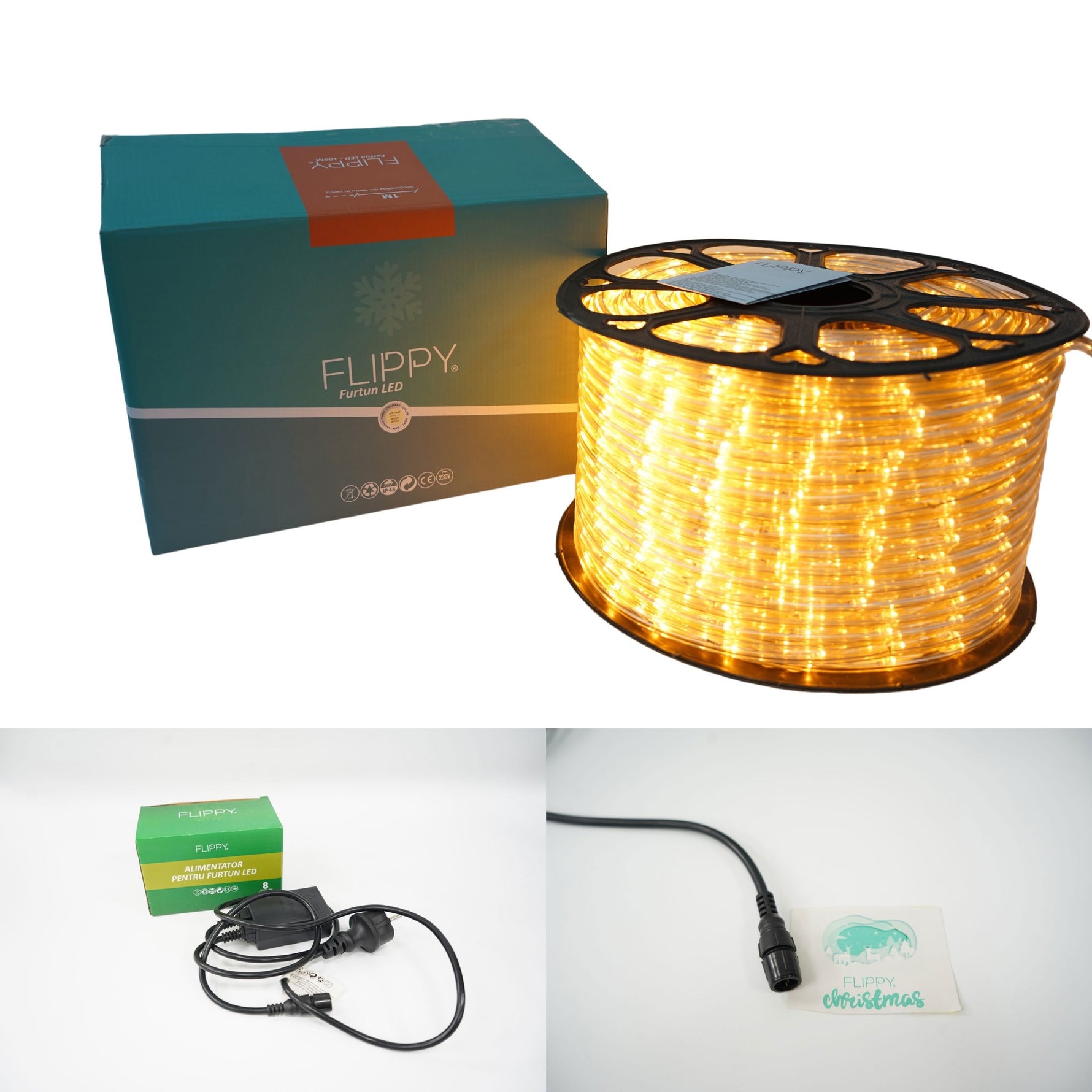 Instalatie Craciun, 16 m, 384 Led-uri ,Furtun Luminos, Alb cald, 8 jocuri de lumini, Transformator, Sectionabila, 220