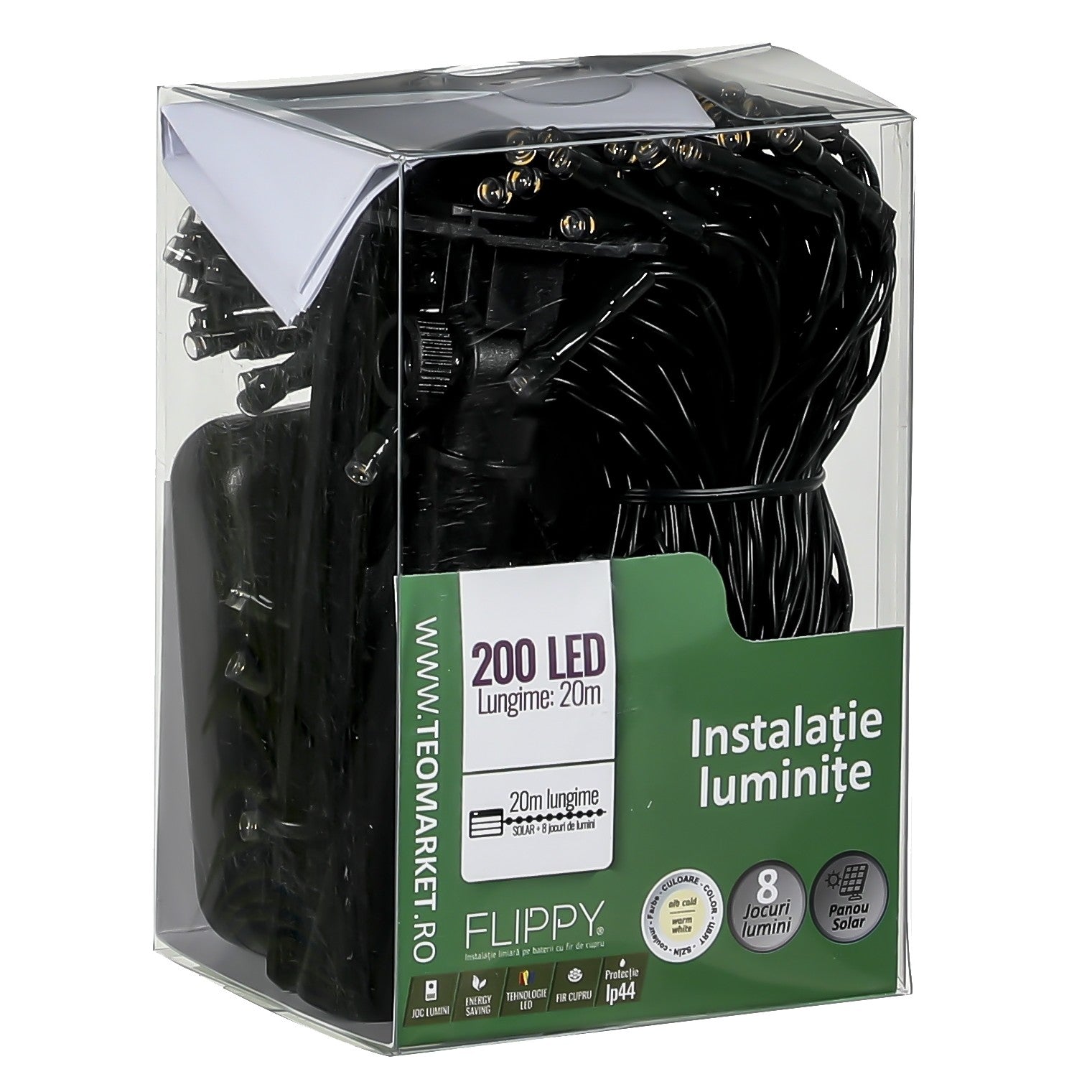 Instalatie Craciun, 20 metri, 200 de LED-uri, alb cald, cu energie solara, fir de cupru, liniar, interior/exterior,