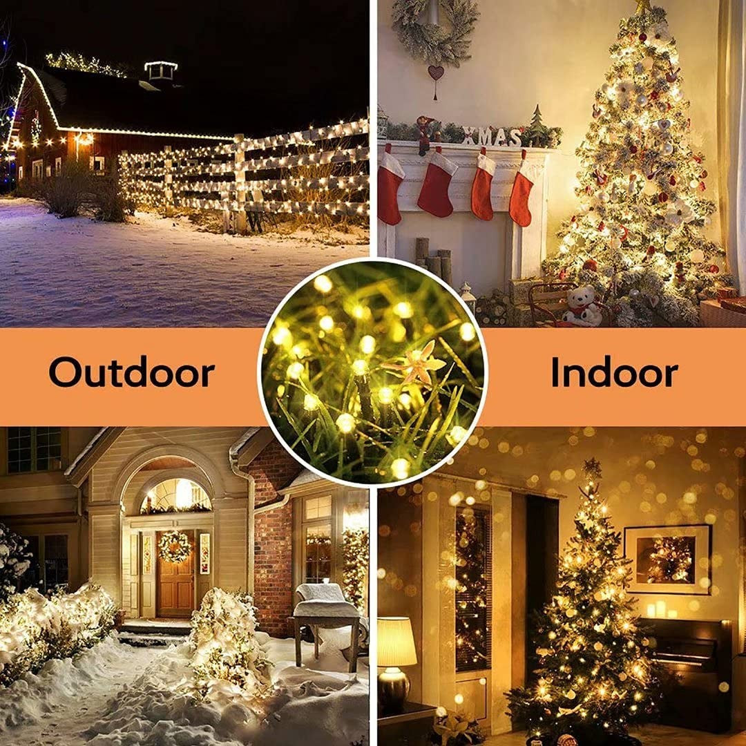 Instalatie Craciun, 32 metri, 300 de LED-uri, Alb Cald, cu energie solara, fir de cupru, liniar, interior/exterior,