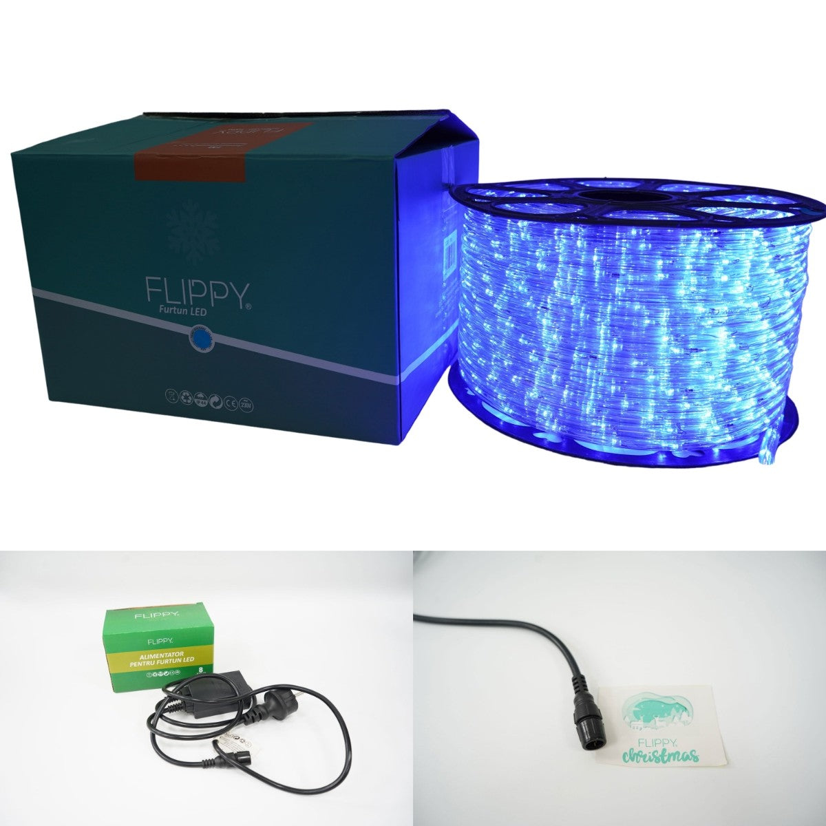 Instalatie Craciun, 40 m, 960 Led-uri, Furtun Luminos, Albastru, Transformator, 8 jocuri de lumini, Sectionabila, 220