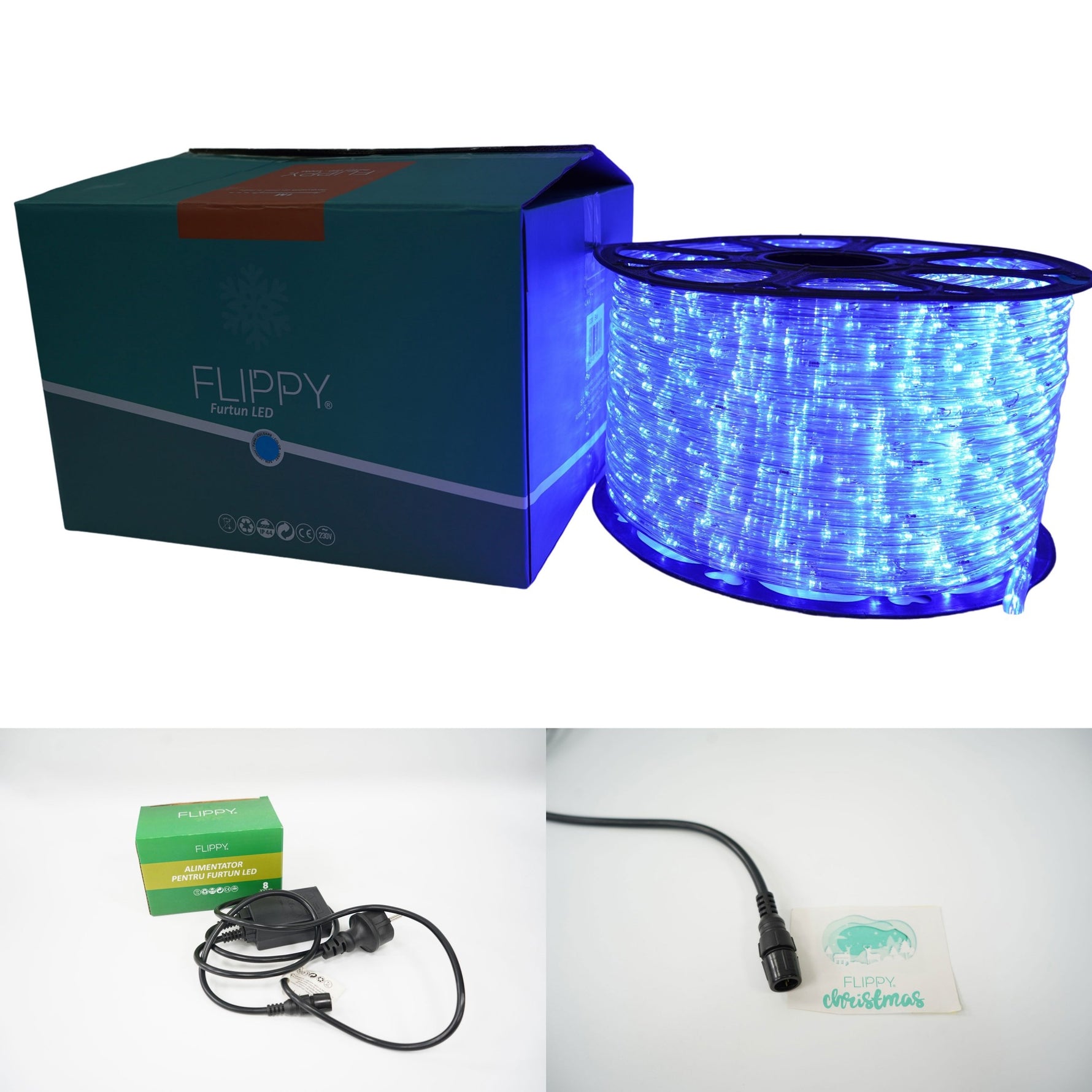 Instalatie Craciun, 42 m, 1008 Led-uri, Furtun Luminos, Albastru, Transformator, 8 jocuri de lumini, Sectionabila, 220