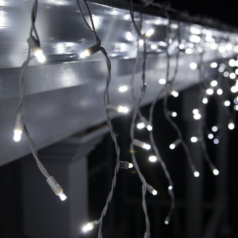 Instalatie Craciun, 5 m, 143 Led-uri ,Franjuri, Alb rece, 8 jocuri de lumini, Transformator cu telecomanda,