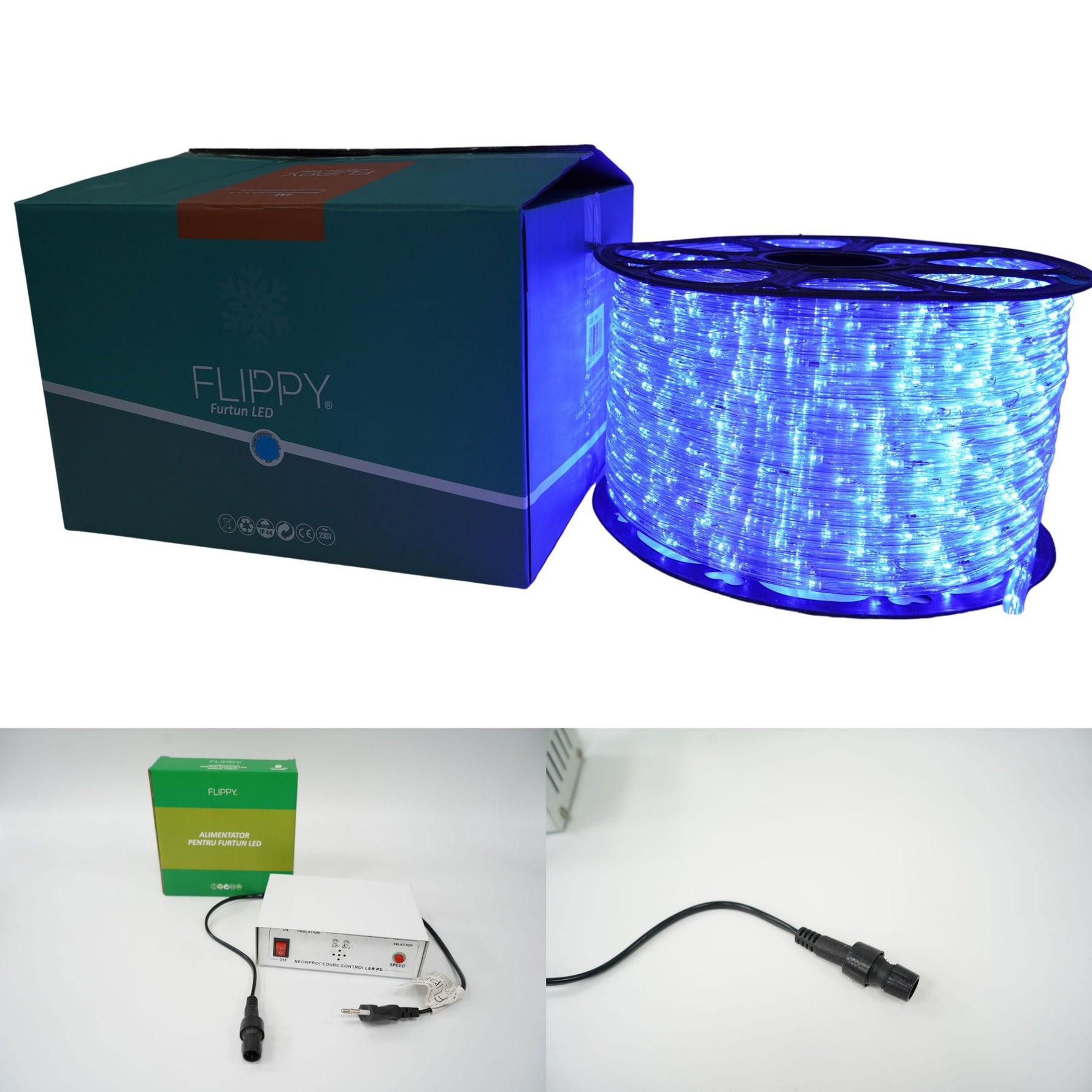 Instalatie Craciun, 92 m, 2208 Led-uri, Furtun Luminos, Albastru, Transformator, 8 jocuri de lumini, Sectionabila, 220
