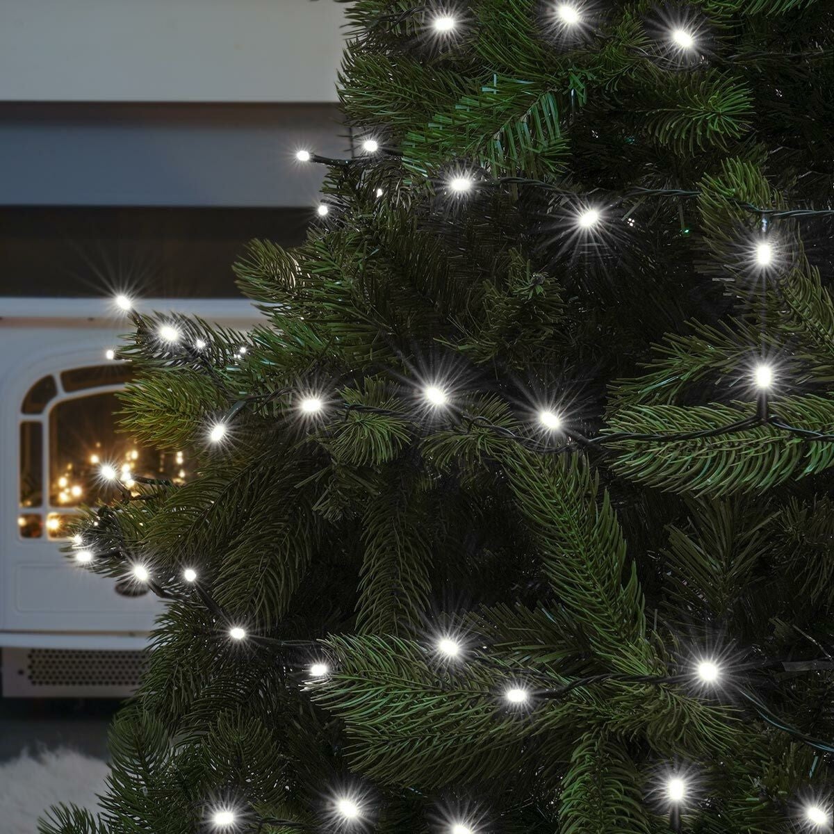 Instalatie Craciun YOTO Liniara 100 LED 9 m + 1 m Beculet cu 6 unghiuri Alb Rece fir negru