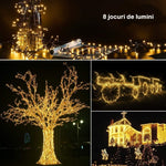 Instalatie de Craciun liniara Yoto, 17 m, din care 1 m cablu priza 220V, 200 LED, 8 jocuri de lumini, beculet in 6