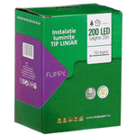 Instalatie Craciun liniara, cu transformator, 20 m, Alb Cald, 200 LED-uri V5, 8 jocuri de lumini, fir verde, Flippy