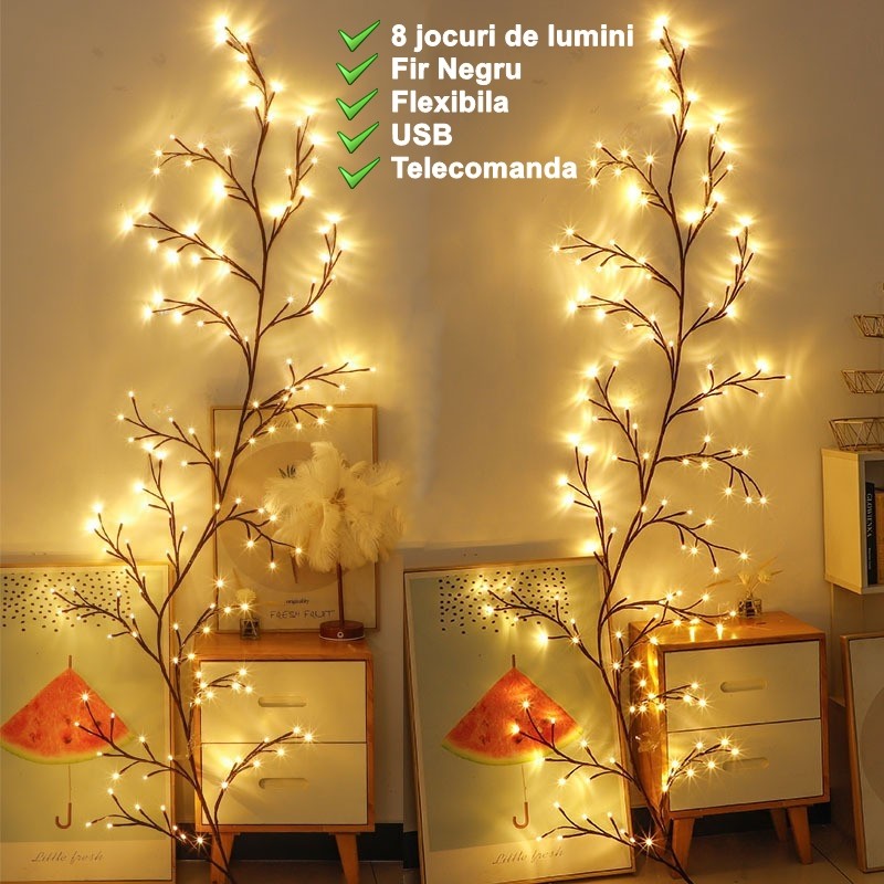 Instalatie Craciun tip Creanga Flippy, 144 LED-uri, Conectare USB, 8 Jocuri de Lumini, Telecomanda, 2.5 m, Prelungitor
