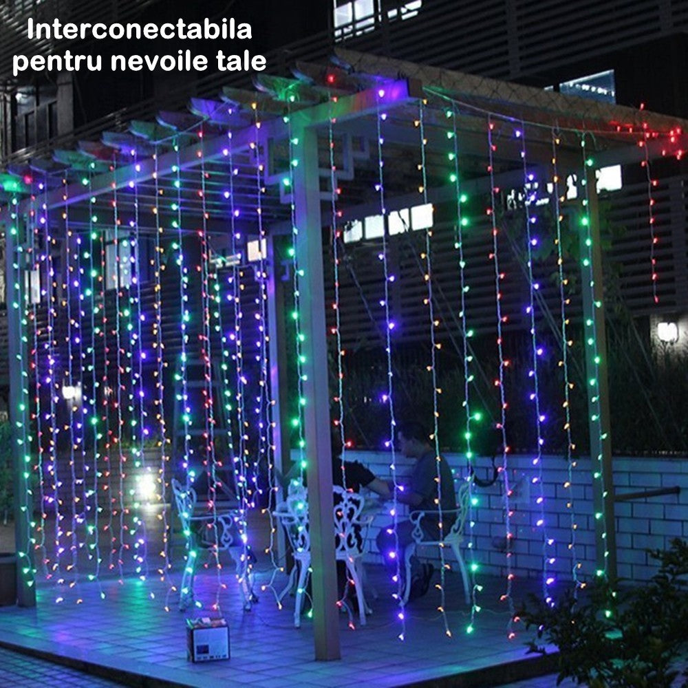 Instalatie Craciun, Tip Perdea, 1 m x 1 m, 60 LED-uri, Multicolor, Controler, 8 jocuri de lumini, Interconectabila, Fir