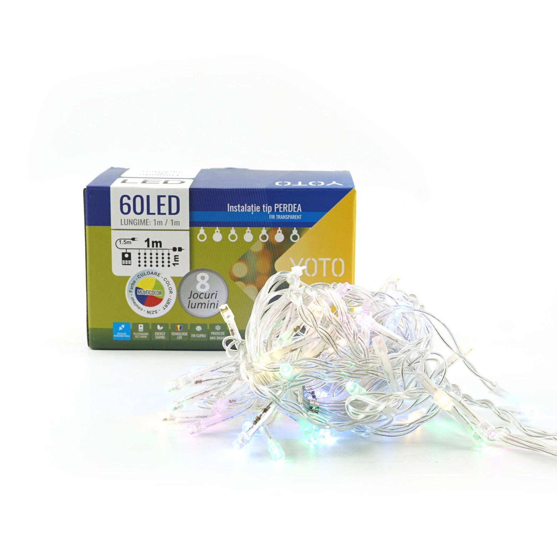 Instalatie Craciun, Tip Perdea, 1 m x 1 m, 60 LED-uri, Multicolor, Controler, 8 jocuri de lumini, Interconectabila, Fir