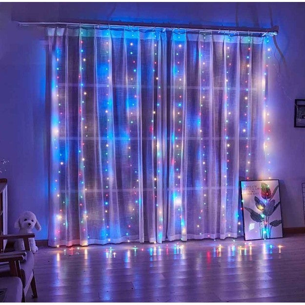 Instalatie Craciun, Tip Perdea, 1 m x 1 m, 60 LED-uri, Multicolor, Controler, 8 jocuri de lumini, Interconectabila, Fir