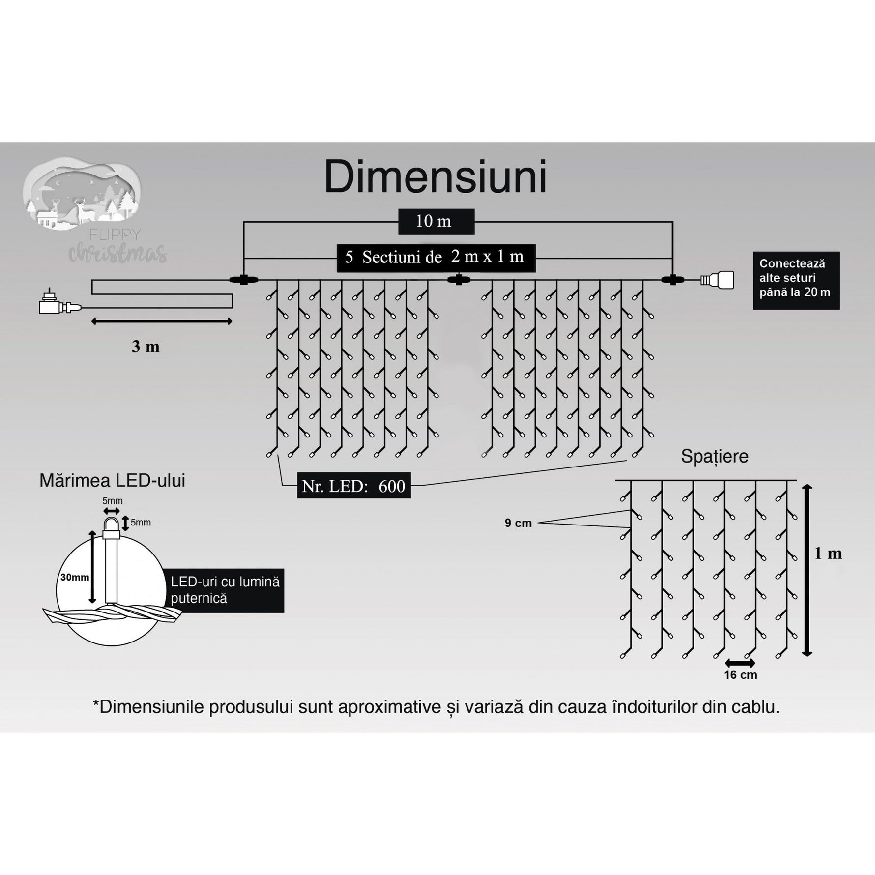 Instalatie Craciun, Tip Perdea, IP44, 10 m x 1 m, 600 LED-uri, Albastru, 8 jocuri de lumini, Transformator,
