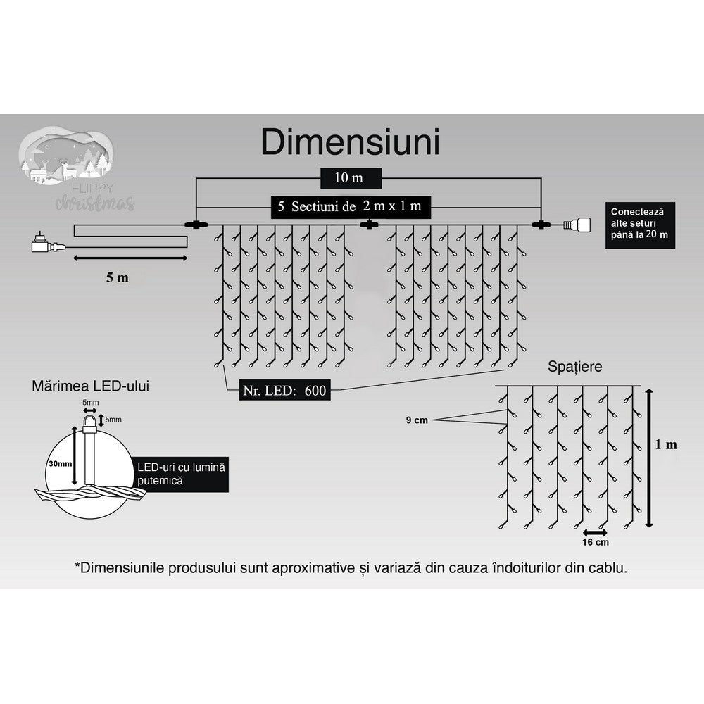 Instalatie Craciun, Tip Perdea, IP44, 10 m x 1 m, 600 LED-uri, Albastru, 8 jocuri de lumini, Transformator cu