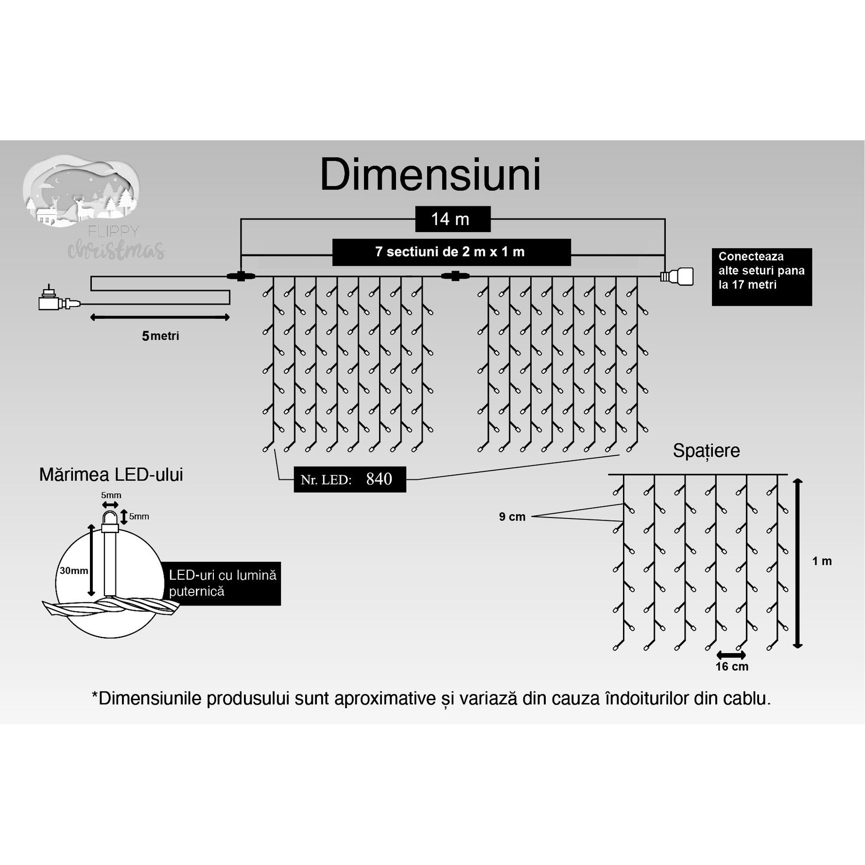 Instalatie Craciun, Tip Perdea, IP44, 14 m x 1 m, 840 LED-uri, Alb cald, 8 jocuri de lumini, Transformator,